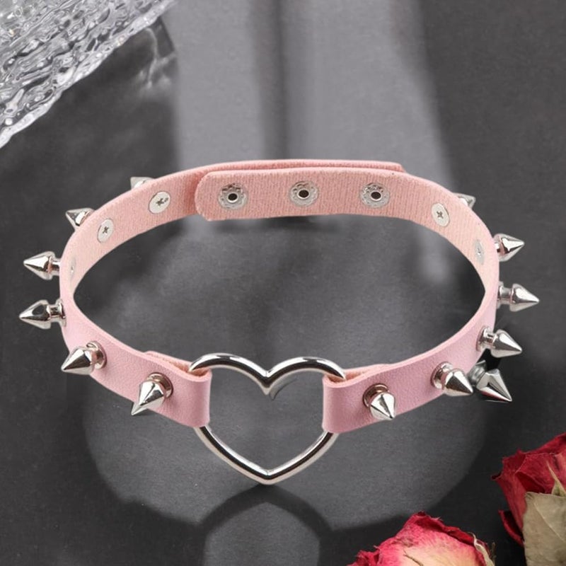 CALFOVERA Gothic Studded Rivets Choker Collar Punk Rock Alloy Hollow Love Heart Necklace Cosplay PU Leather Spiked Choker Jewelry Collar Chain Necklace Decorations for Women Party Cosplay Decorations (Pink) - Image 3